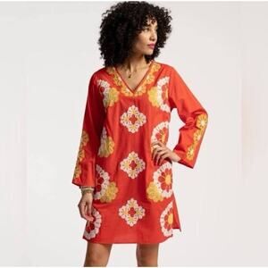 Frances Valentine 1X Dress Goldie Tunic Kaftan Embroidered Floral MOD Retro B12